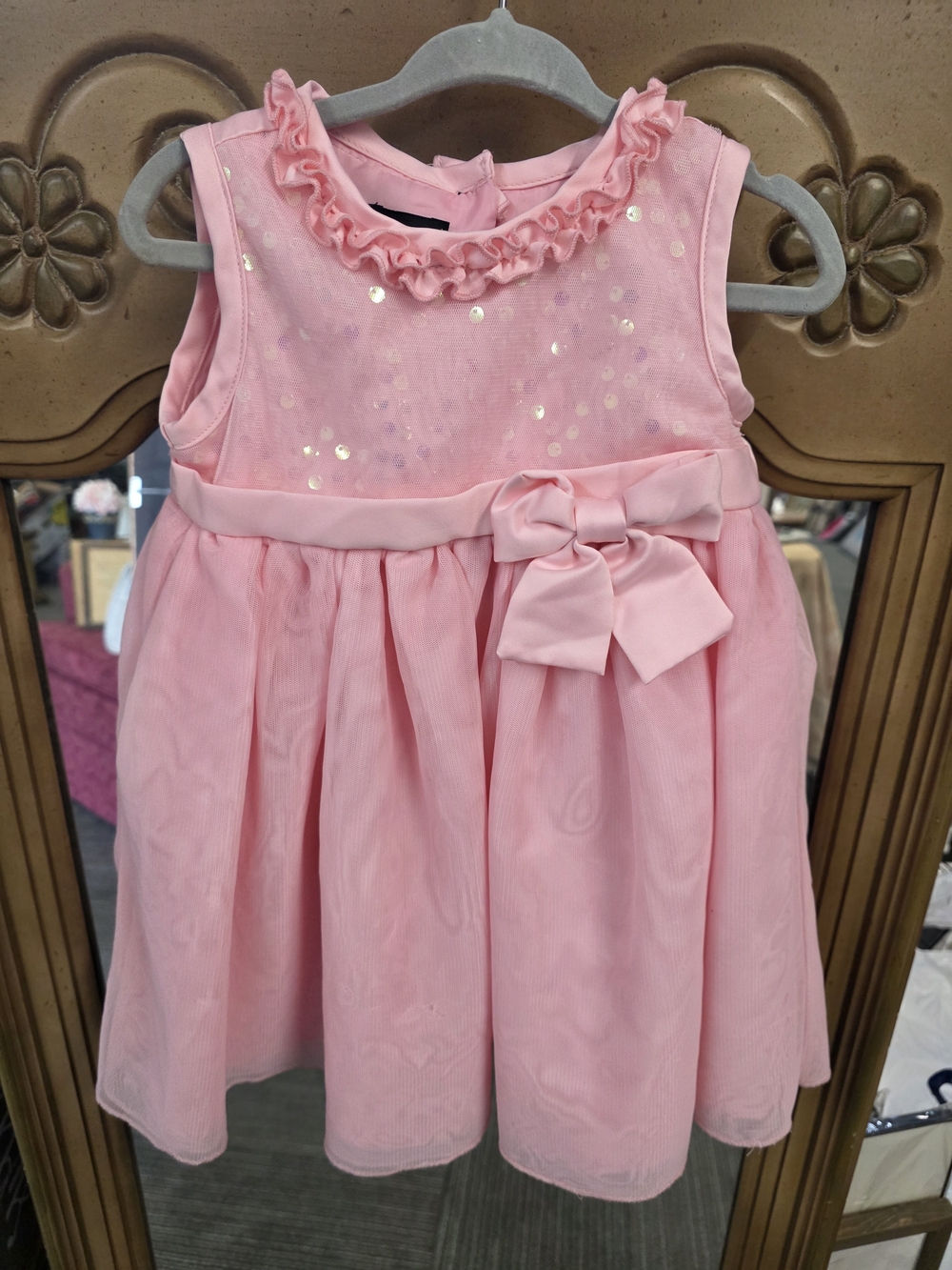 Girls Pink Ruffle Neck Bow Party Dress